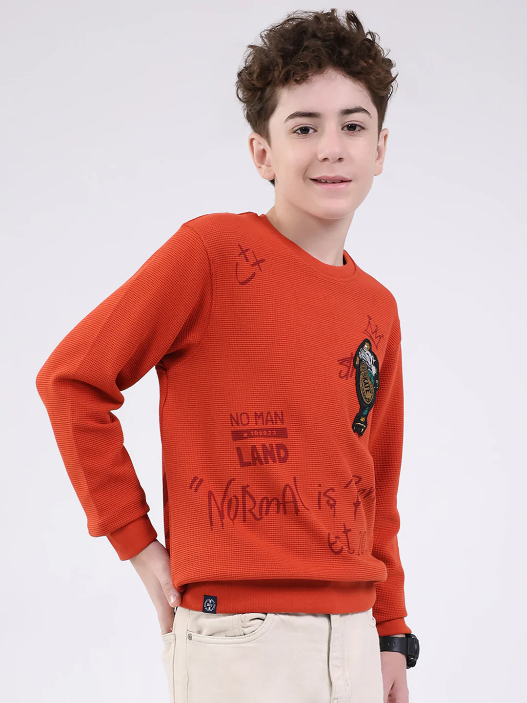 Boys Orange Printed Round Neck Full Sleeve Sweatshirt - Image 4