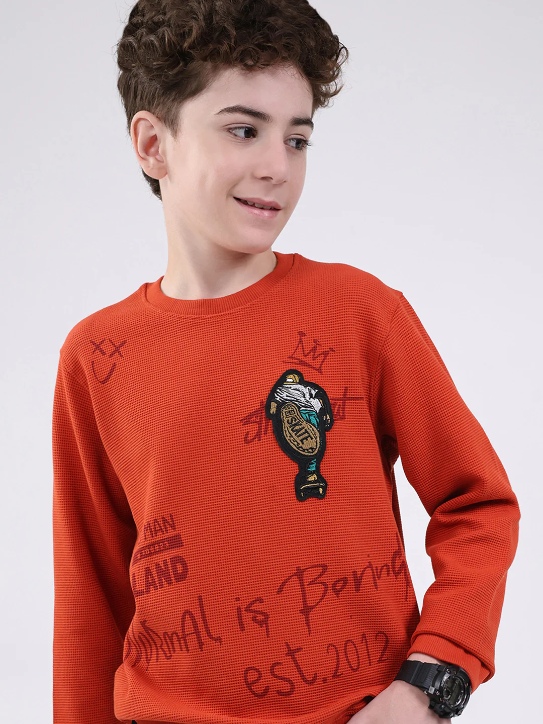 Boys Orange Printed Round Neck Full Sleeve Sweatshirt - Image 6