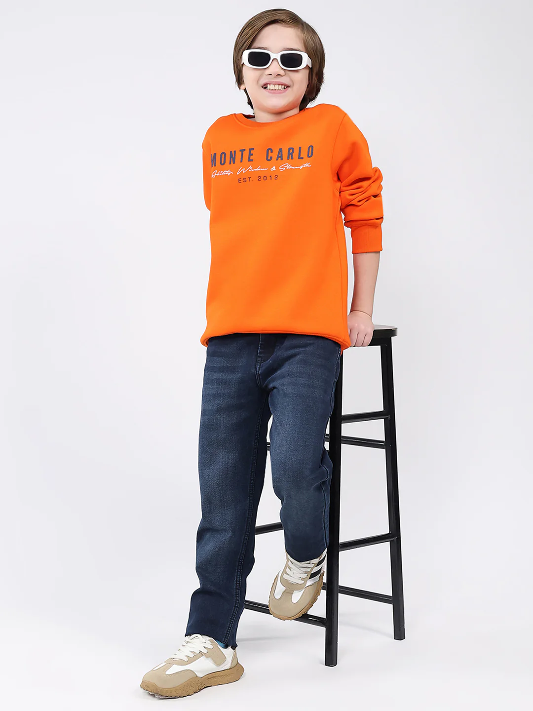 Boys Orange Printed Round Neck Full Sleeve Sweatshirt - Image 2