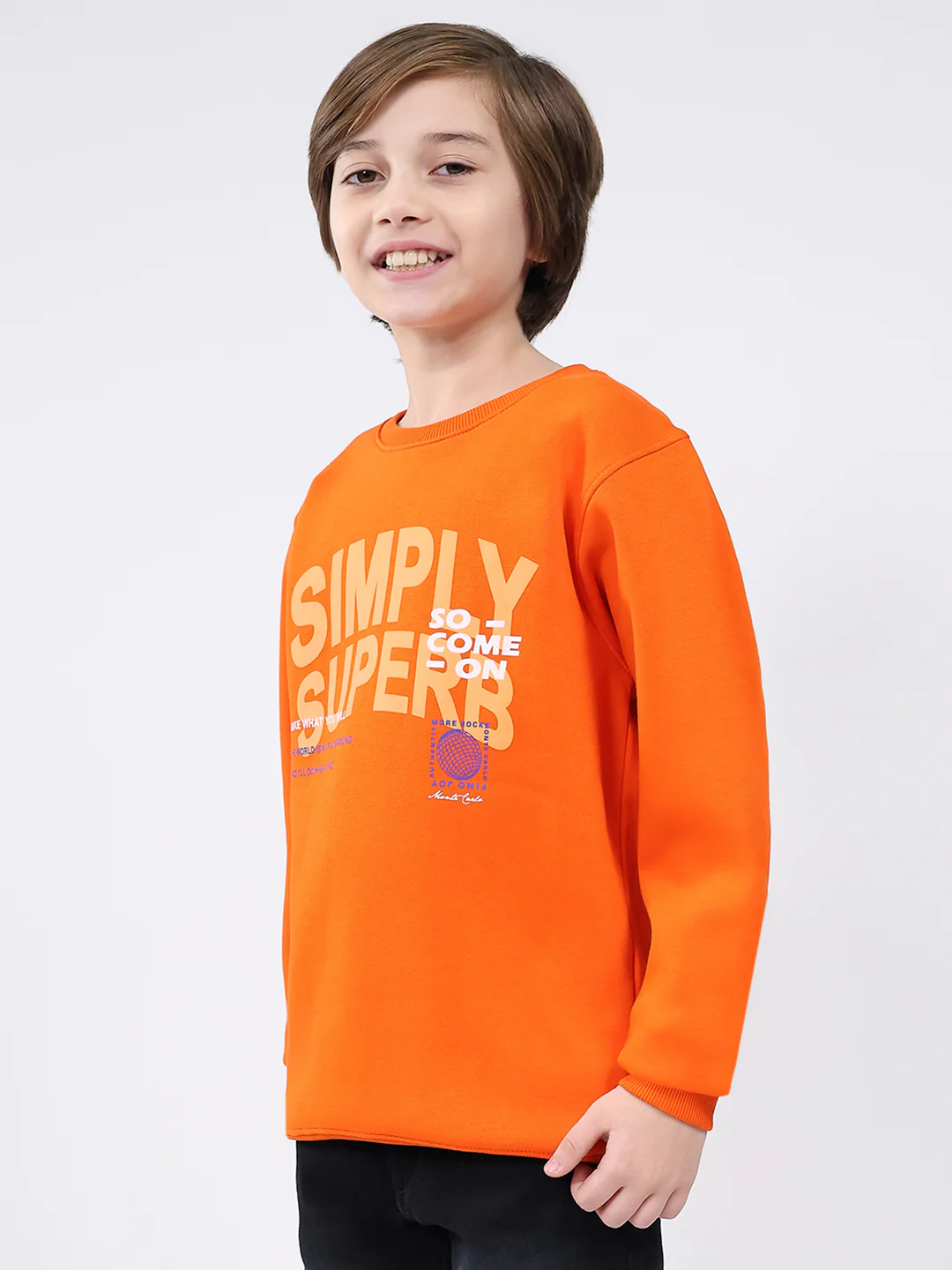 Boys Orange Printed Round Neck Full Sleeve Sweatshirt - Image 3