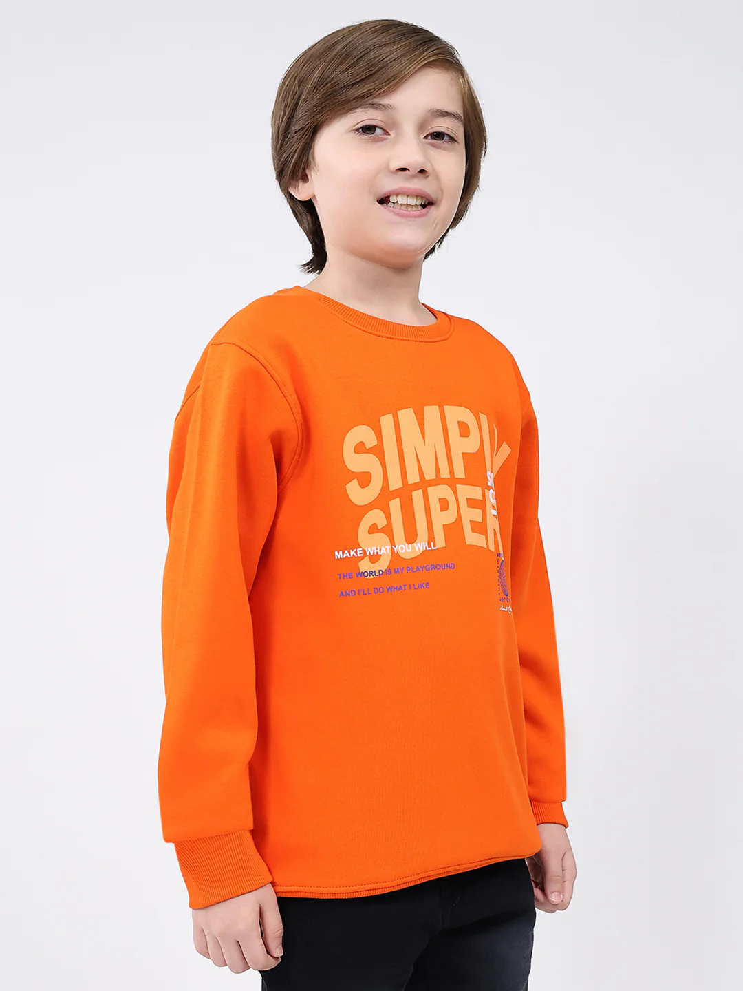 Boys Orange Printed Round Neck Full Sleeve Sweatshirt - Image 4