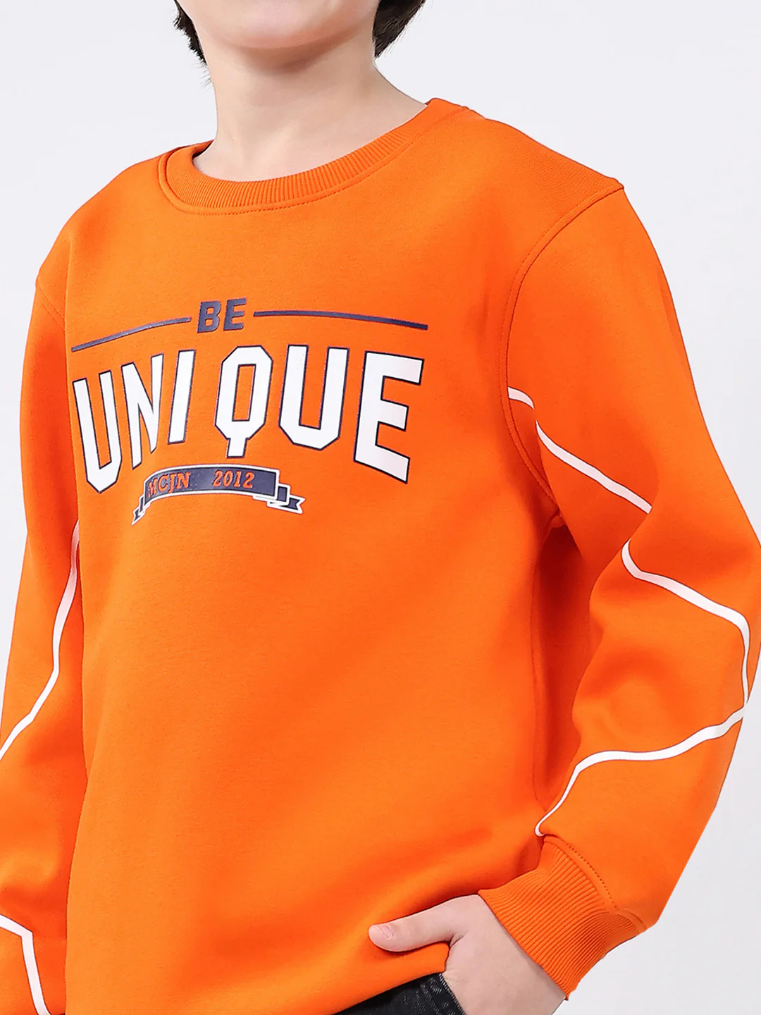 Boys Orange Printed Round Neck Full Sleeve Sweatshirt - Image 6