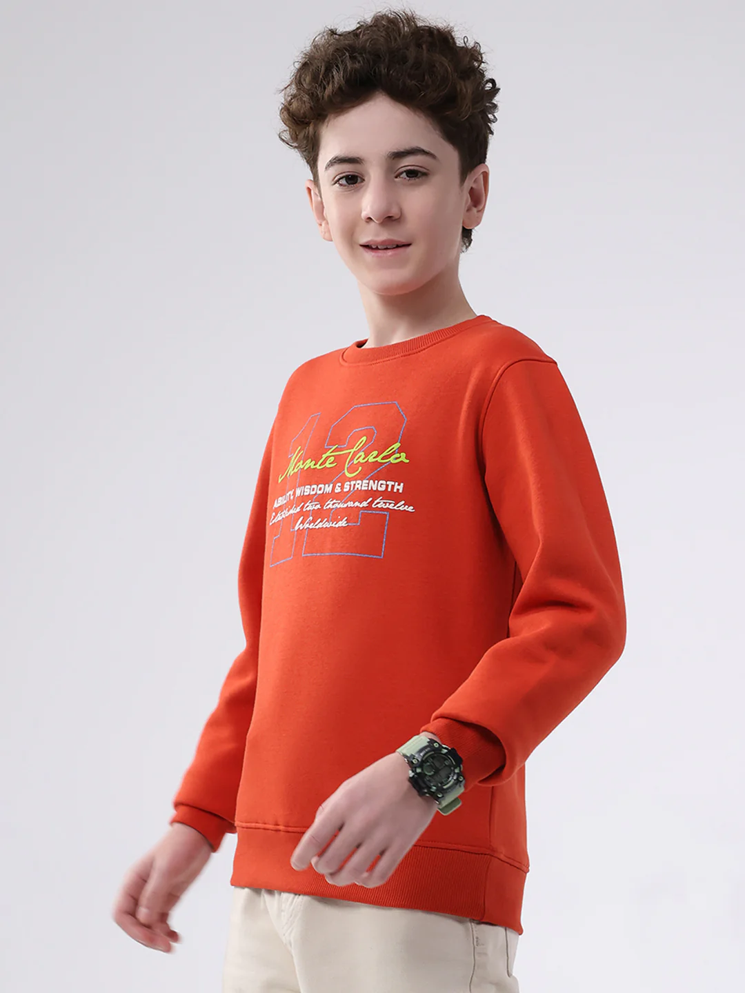 Boys Orange Printed Round Neck Full Sleeve Sweatshirt - Image 3