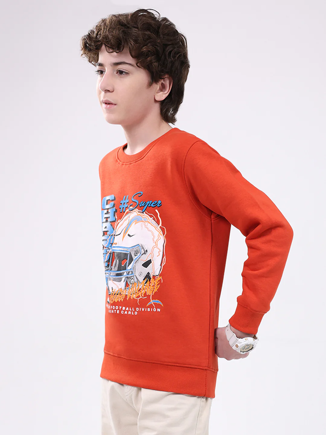 Boys Orange Printed Round Neck Full Sleeve Sweatshirt - Image 3