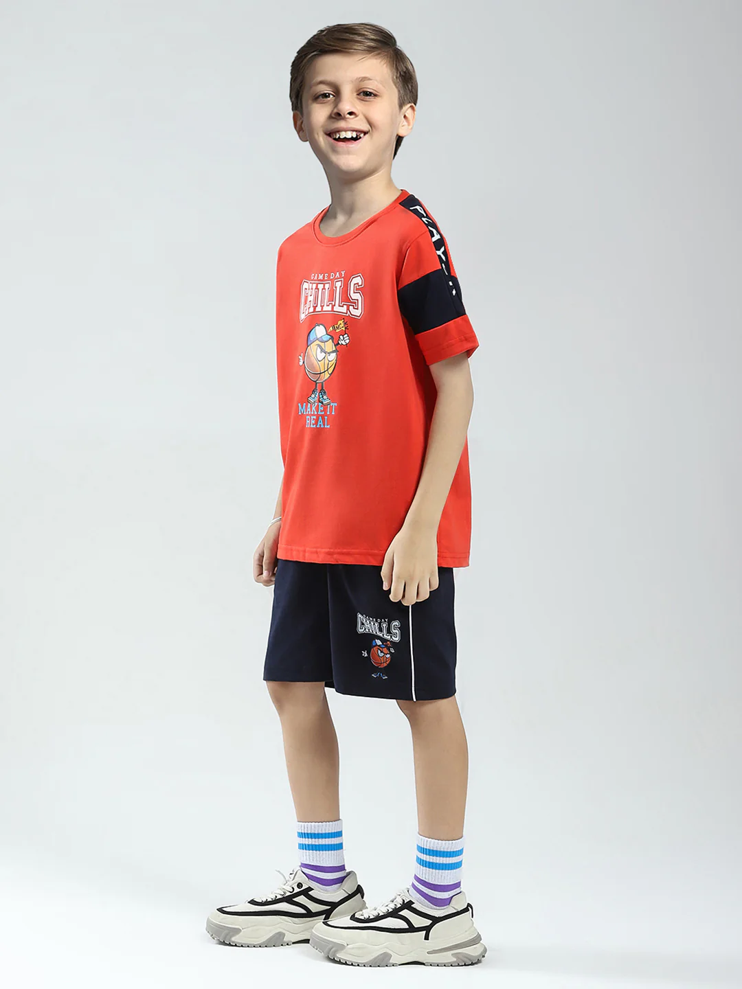 Boys Orange Printed Round Neck Half Sleeve Bermuda Set - Image 3