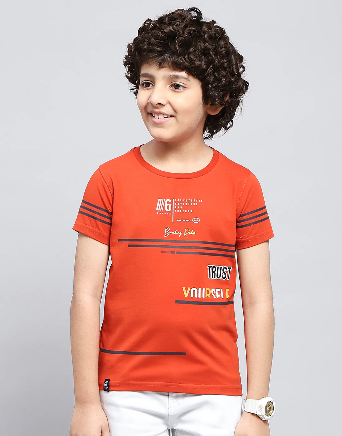 Boys Orange Printed Round Neck Half Sleeve T-Shirt - Image 3