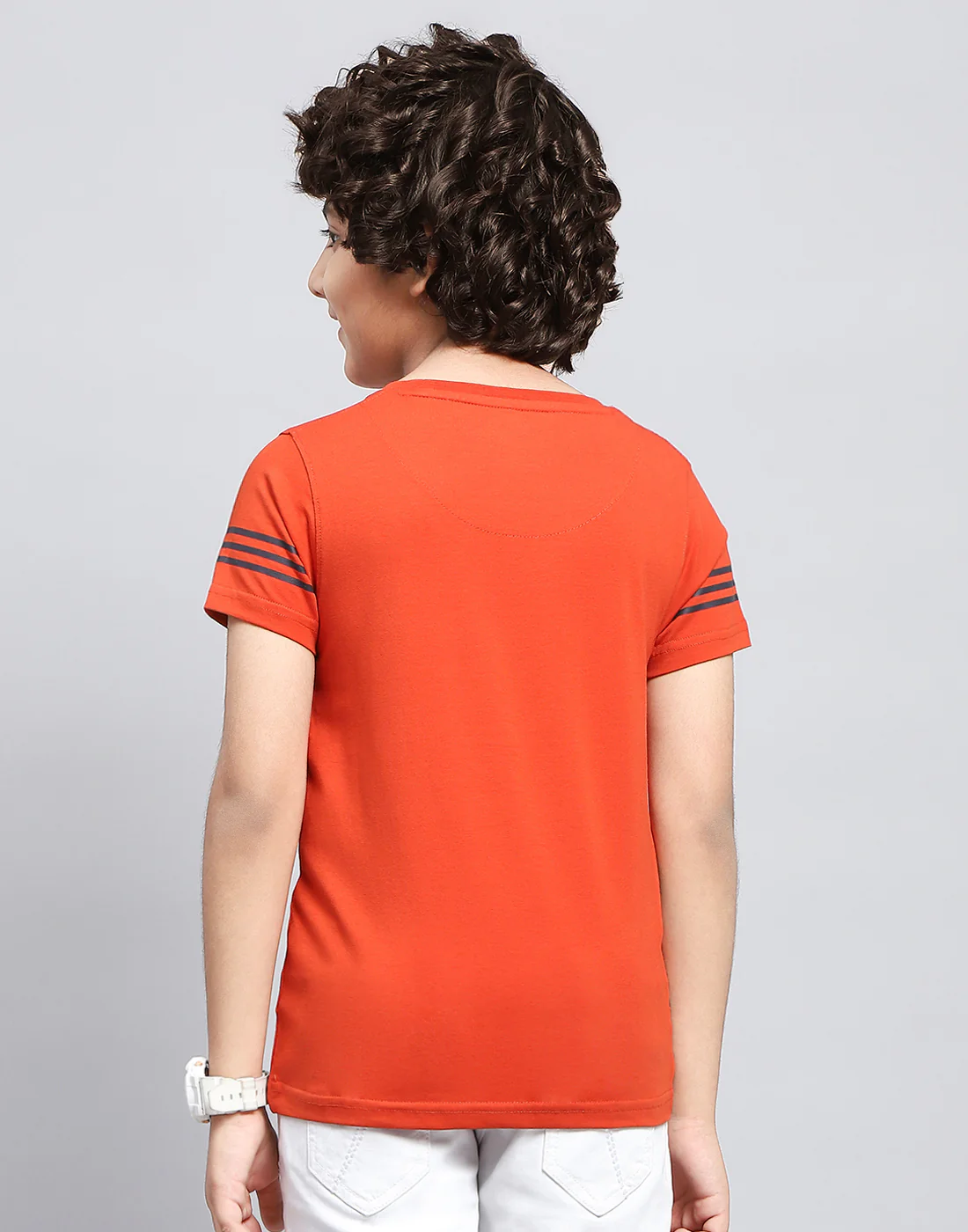 Boys Orange Printed Round Neck Half Sleeve T-Shirt - Image 5