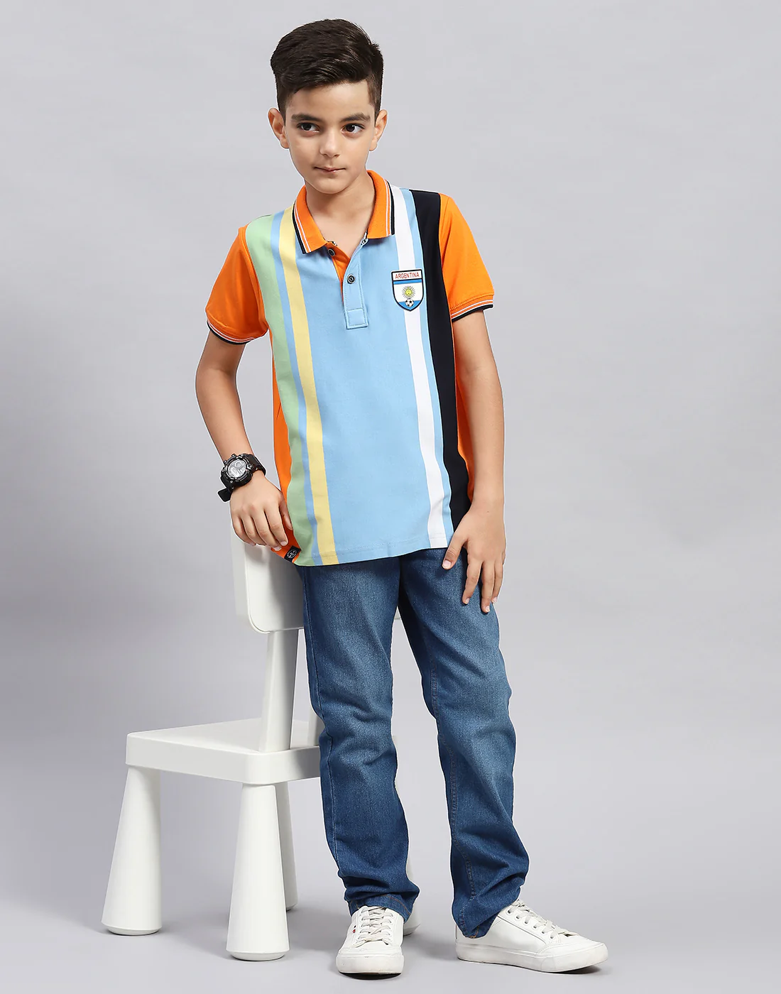 Boys Orange & Sky Blue Stripe Polo Collar Half Sleeve T-Shirt - Image 2