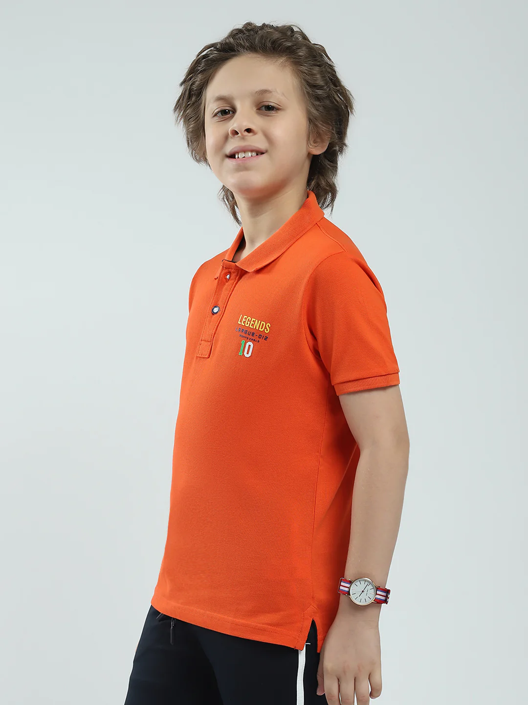 Boys Orange Solid Collar Half Sleeve T-Shirt - Image 3