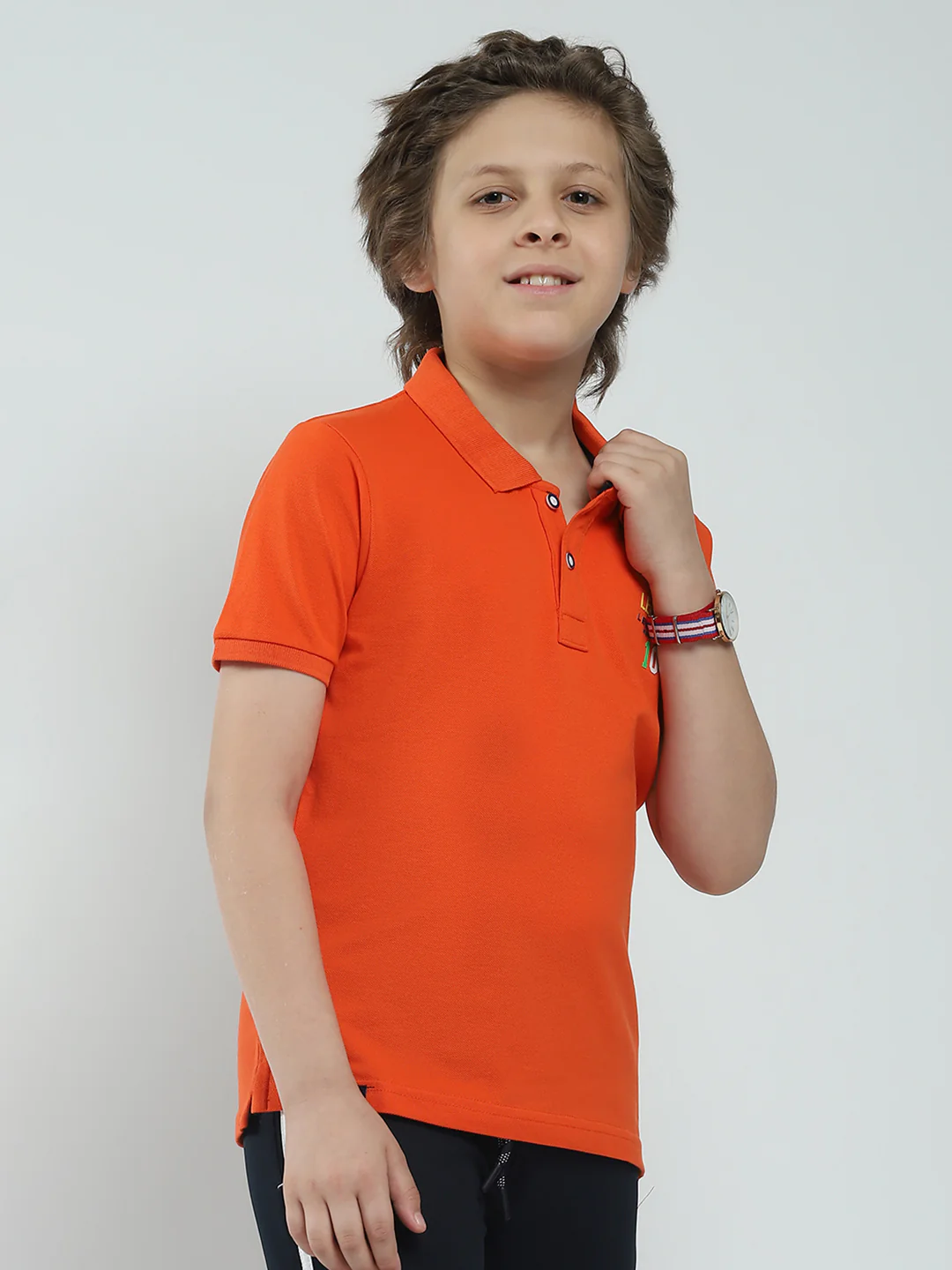 Boys Orange Solid Collar Half Sleeve T-Shirt - Image 4