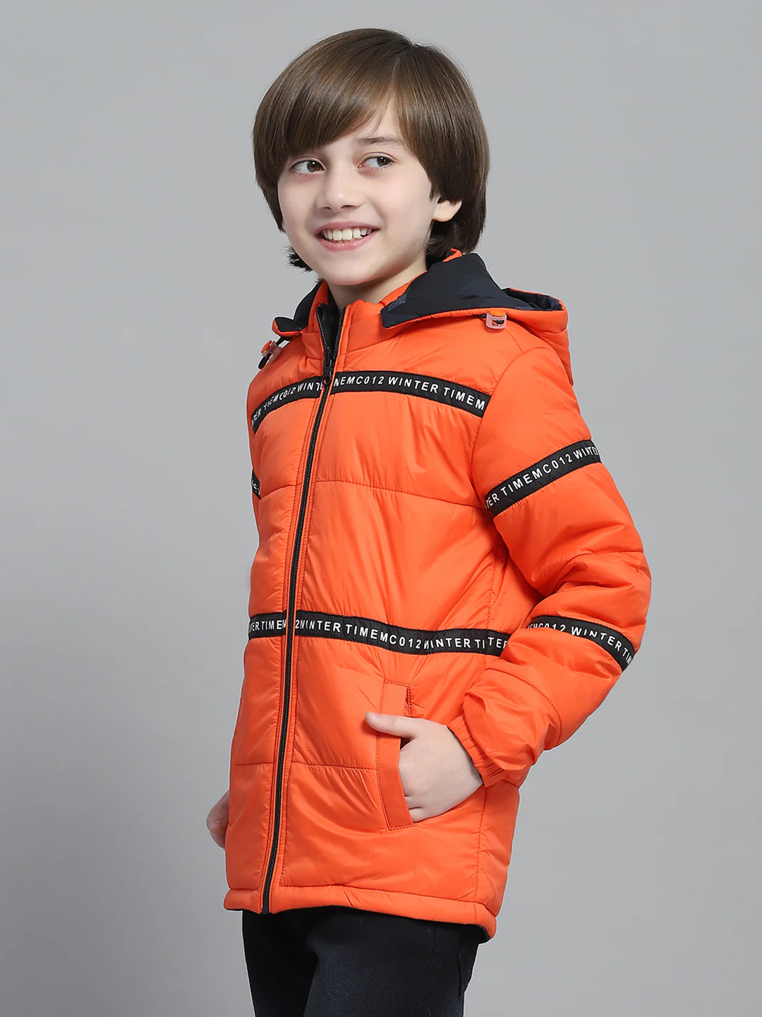Boys Orange Solid Hooded Full Sleeve Reversible Jacket - Image 2
