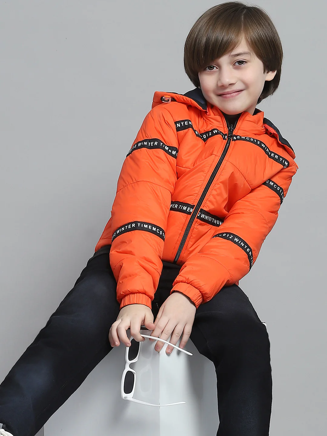 Boys Orange Solid Hooded Full Sleeve Reversible Jacket - Image 6