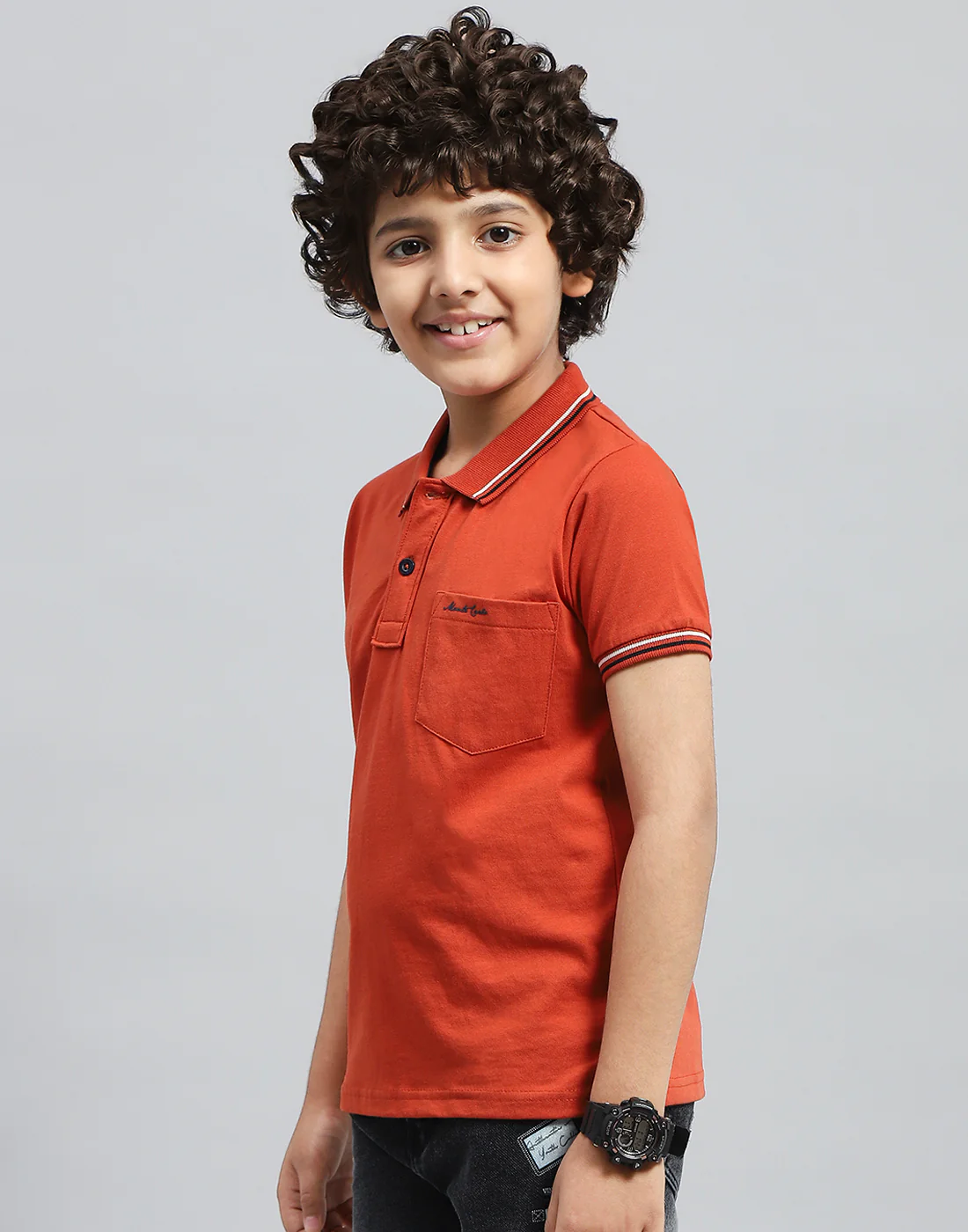 Boys Orange Solid Polo Collar Half Sleeve T-Shirt - Image 3