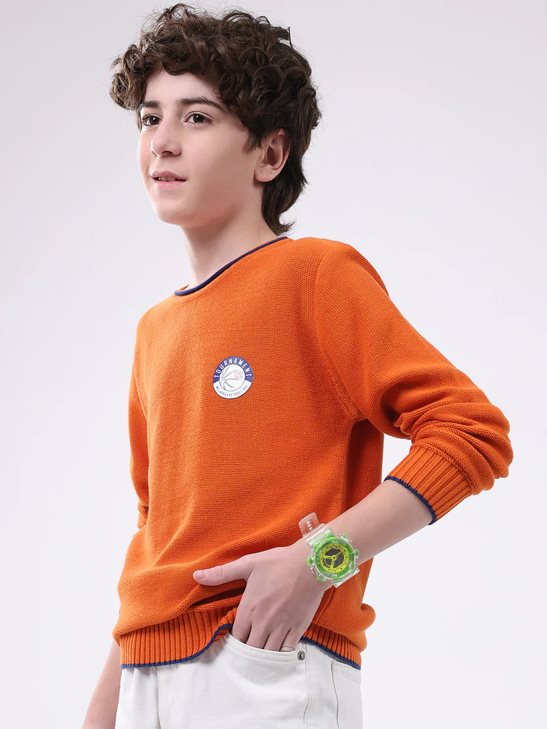 Boys Orange Solid Round Neck Full Sleeve Pullover - Image 3