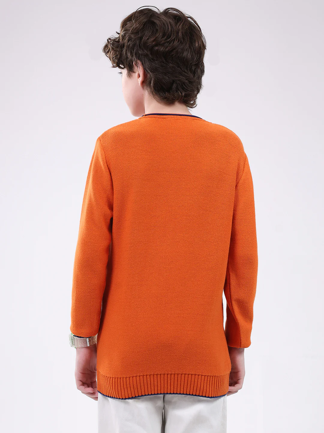 Boys Orange Solid Round Neck Full Sleeve Pullover - Image 5