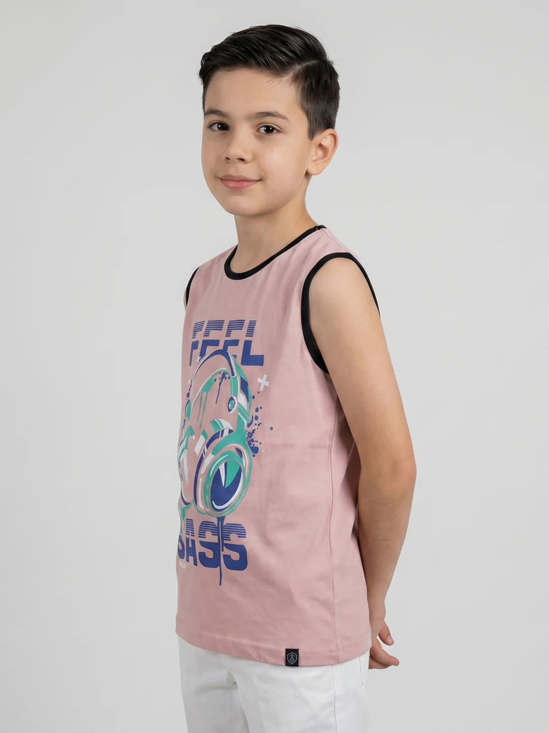 Boys Peach & Black Printed Round Neck Sleeveless T-Shirt (Pack of 2) - Image 7