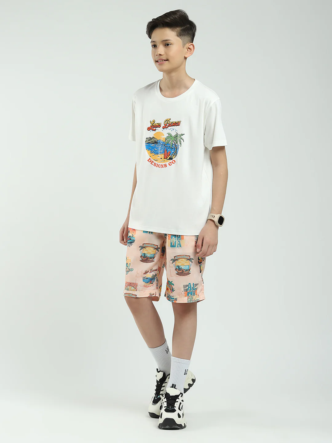 Boys Peach Printed Collar Half Sleeve Cords Set - Image 6