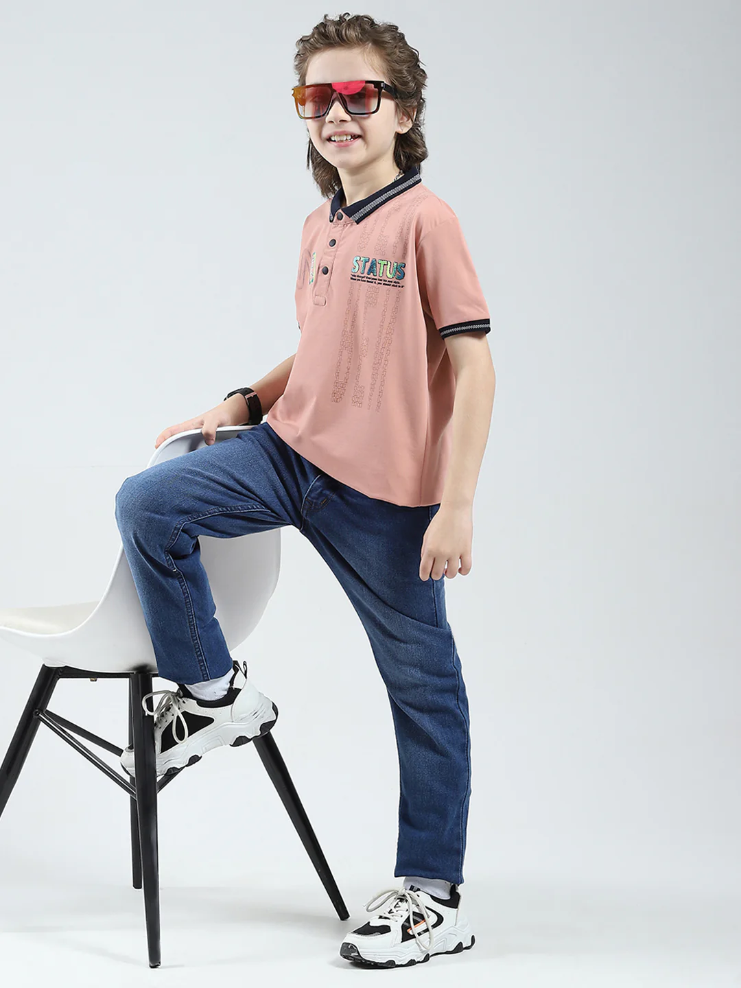 Boys Peach Printed Collar Half Sleeve T-Shirt - Image 2