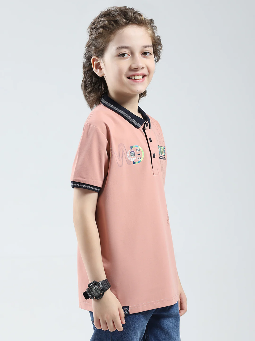 Boys Peach Printed Collar Half Sleeve T-Shirt - Image 4