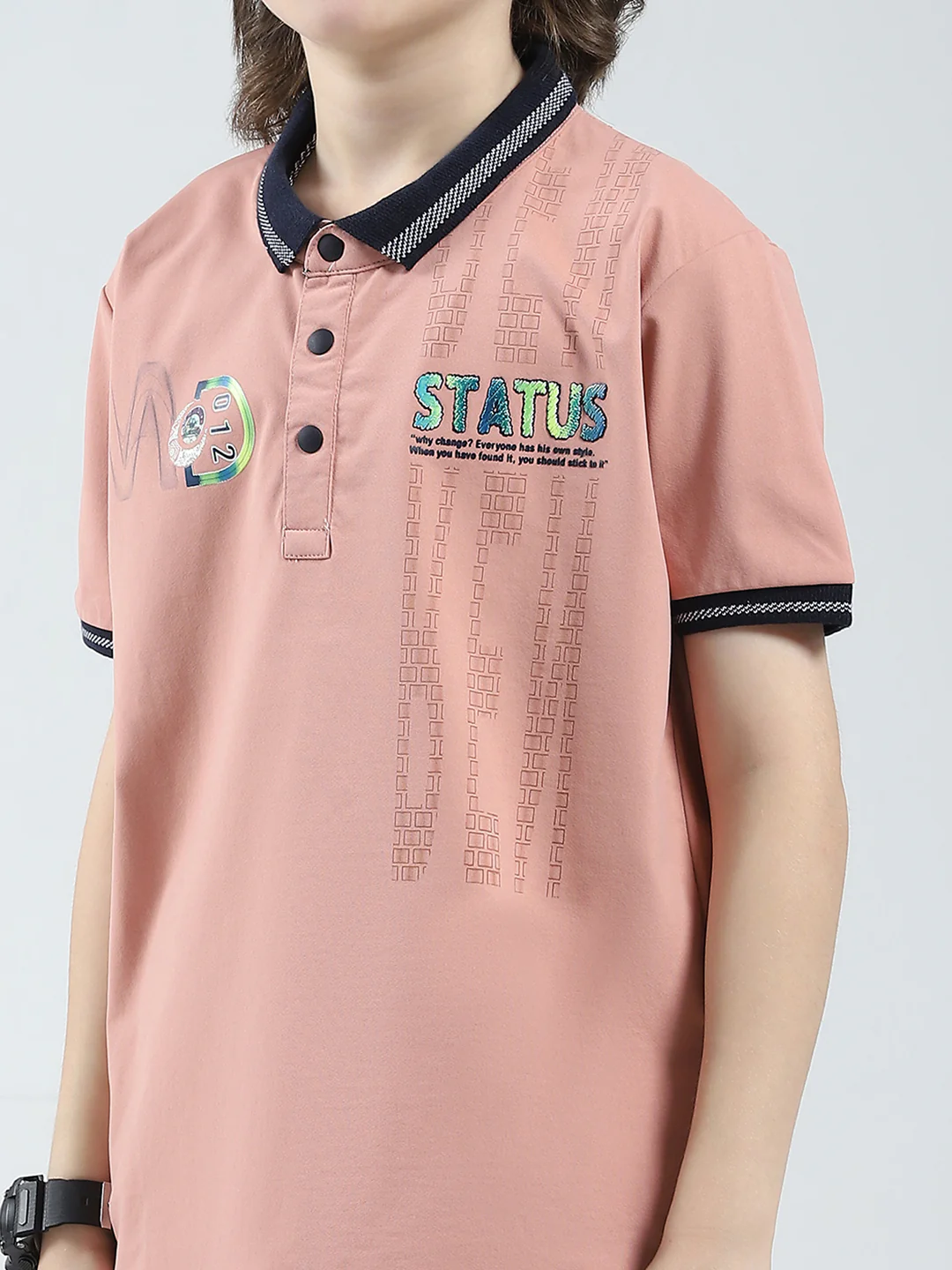 Boys Peach Printed Collar Half Sleeve T-Shirt - Image 6