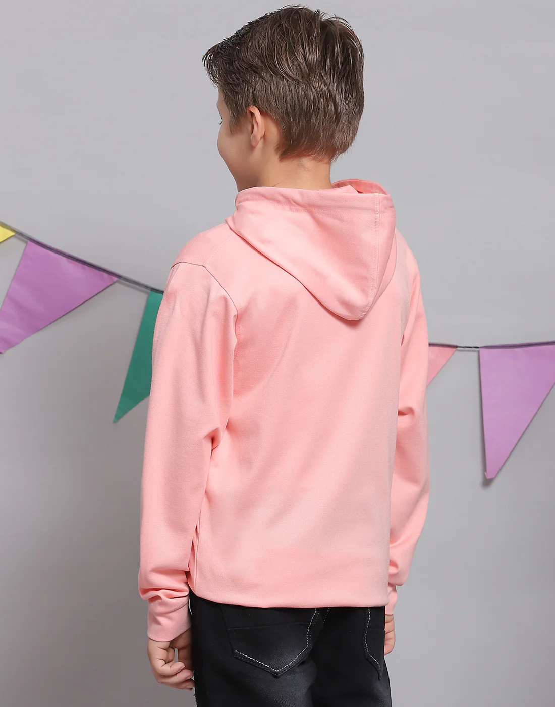 Boys Peach Printed Hooded Full Sleeve T-Shirts - Image 5