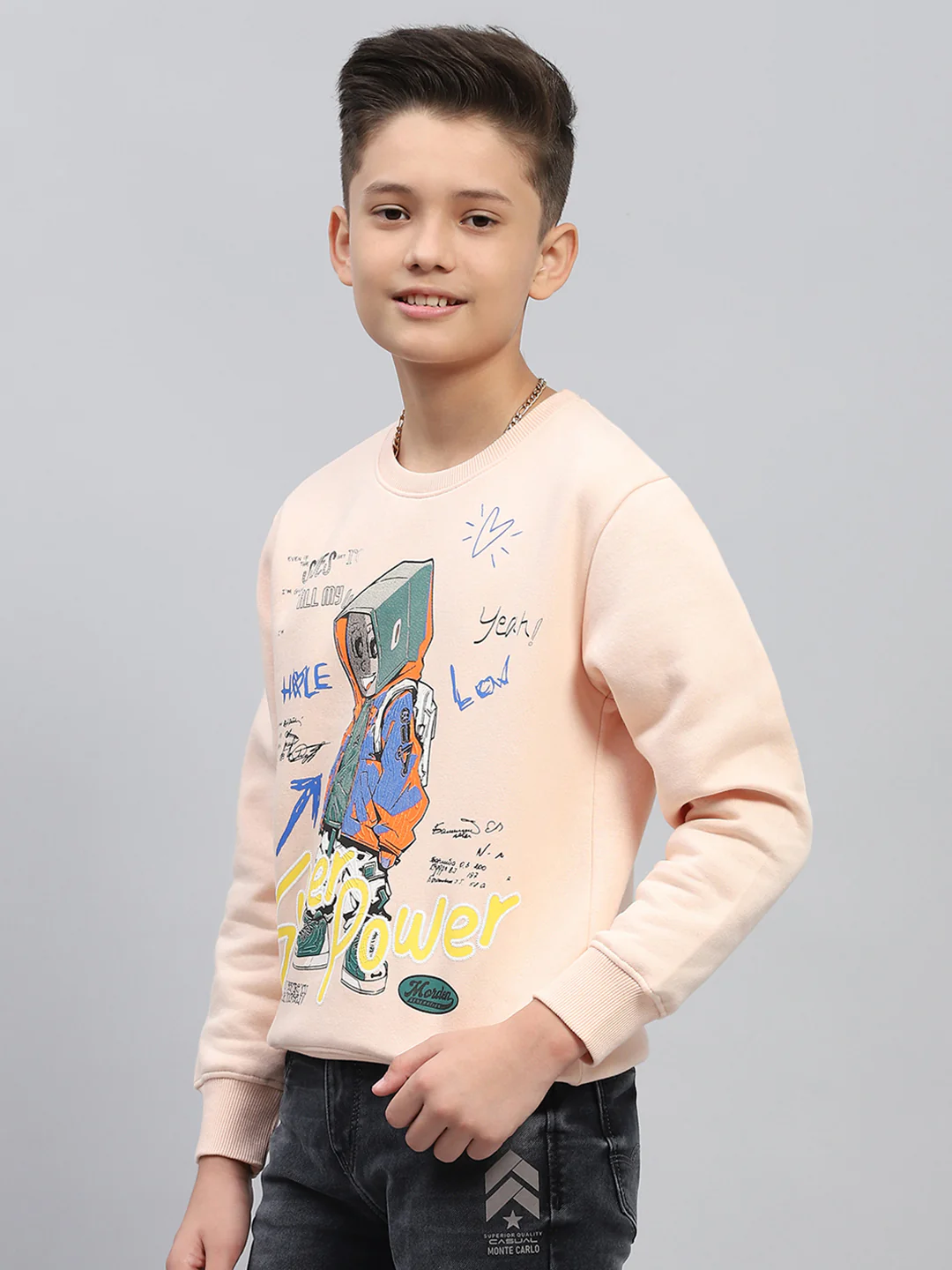 Boys Peach Printed Round Neck Full Sleeve Sweatshirt - Image 3