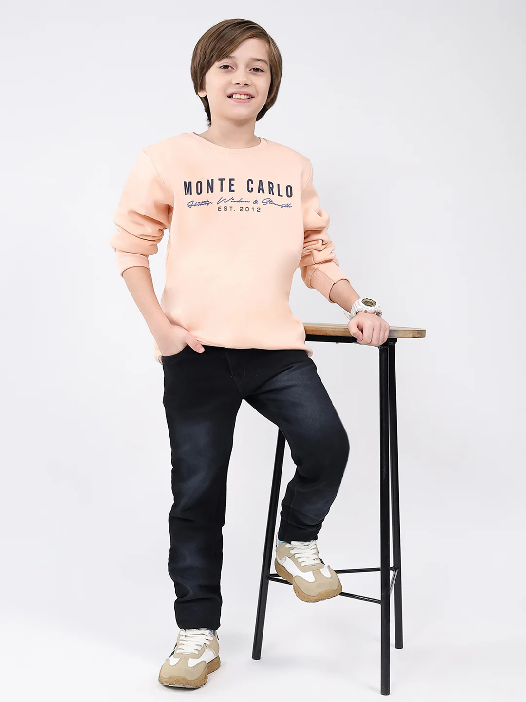 Boys Peach Printed Round Neck Full Sleeve Sweatshirt - Image 2