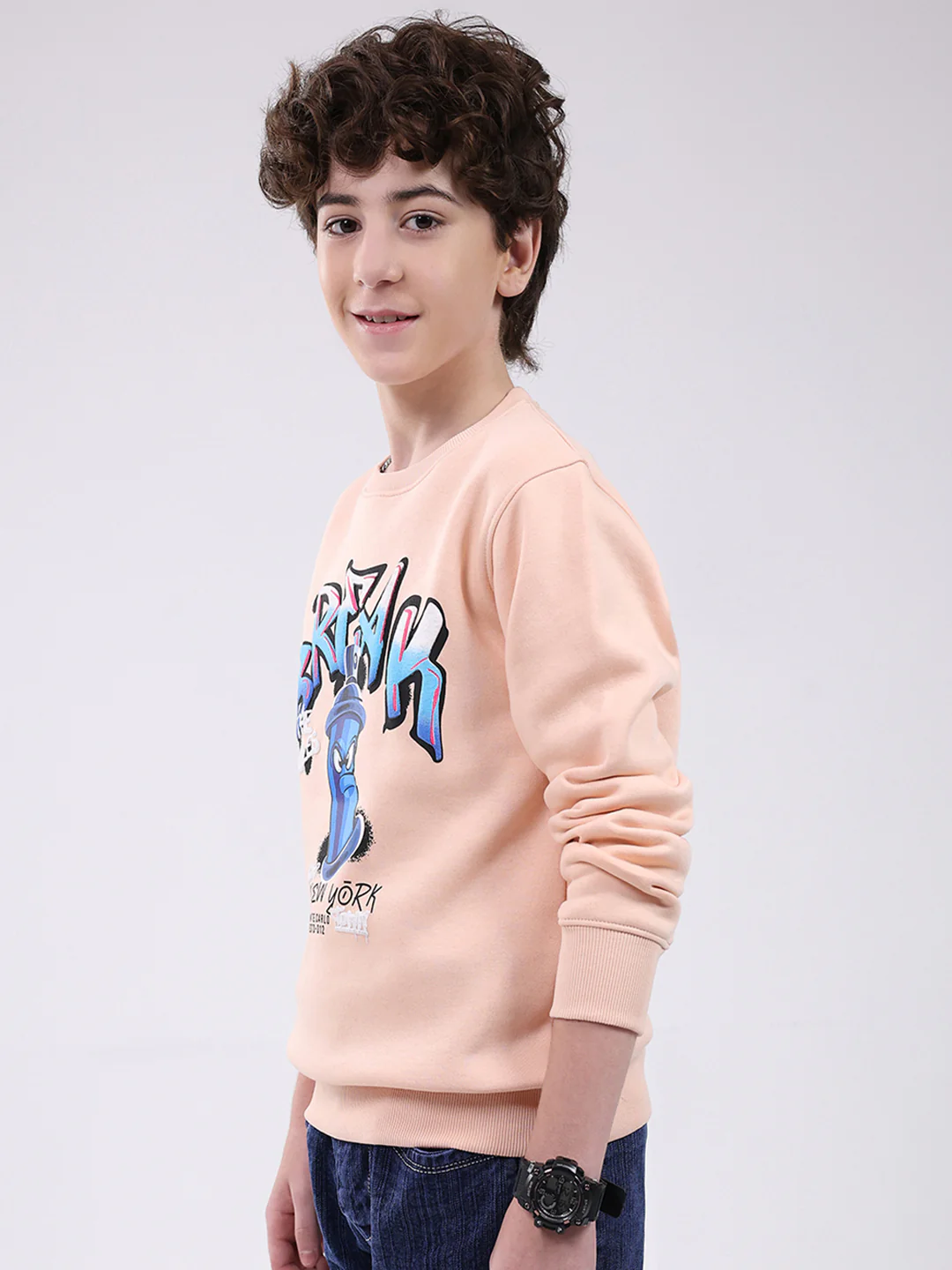 Boys Peach Printed Round Neck Full Sleeve Sweatshirt - Image 3