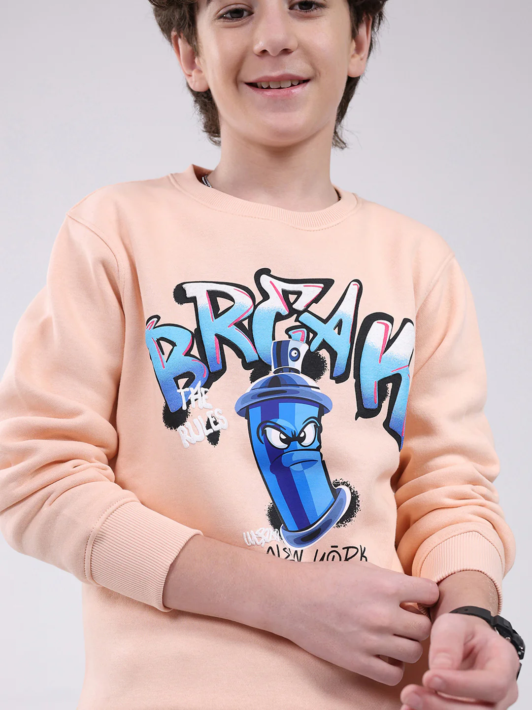 Boys Peach Printed Round Neck Full Sleeve Sweatshirt - Image 7