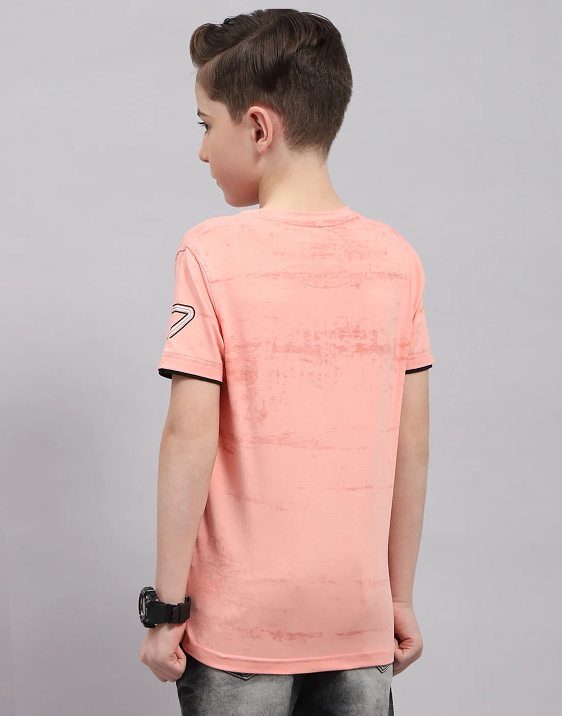 Boys Peach Printed Round Neck Half Sleeve T-Shirt - Image 5