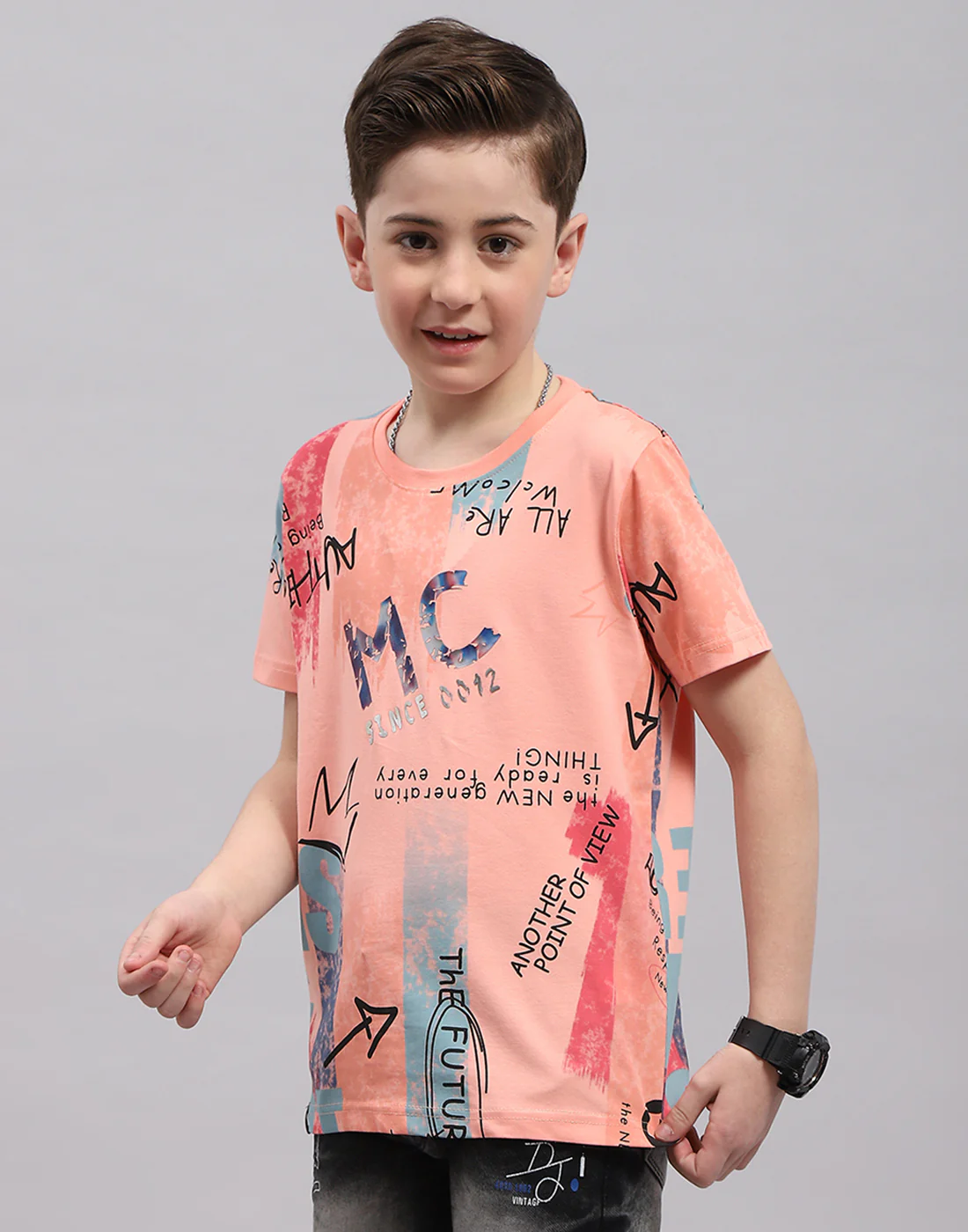 Boys Peach Printed Round Neck Half Sleeve T-Shirt - Image 3