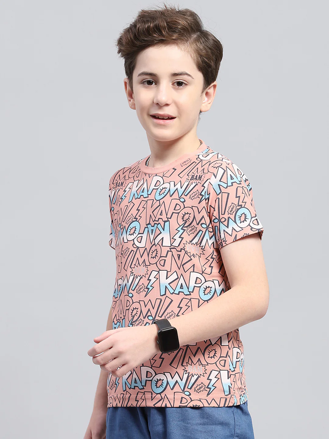 Boys Peach Printed Round Neck Half Sleeve T-Shirt - Image 3