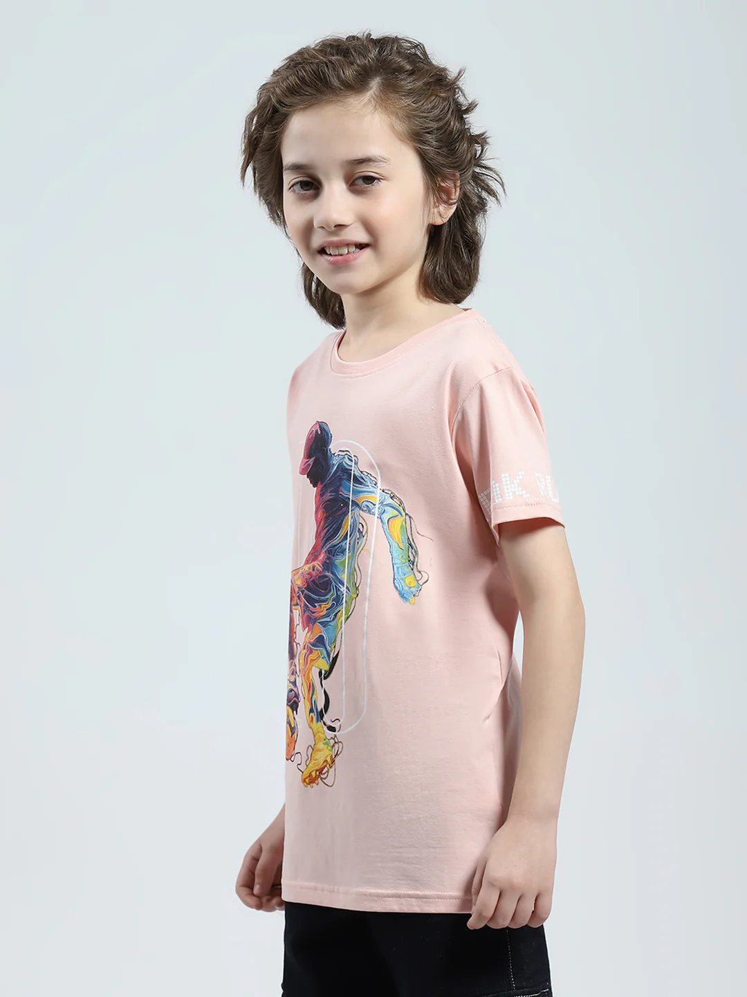 Boys Peach Printed Round Neck Half Sleeve T-Shirt - Image 3