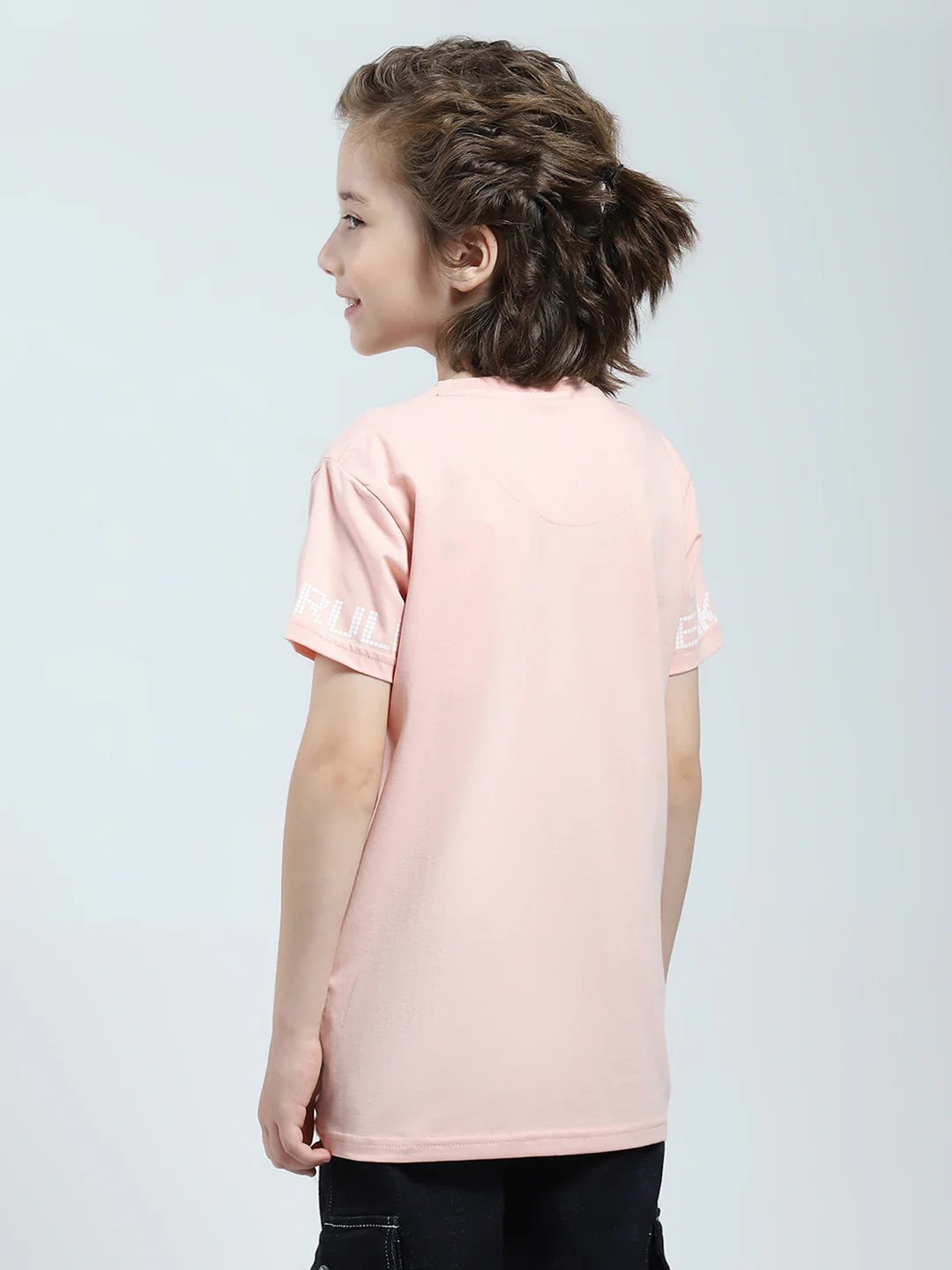 Boys Peach Printed Round Neck Half Sleeve T-Shirt - Image 5