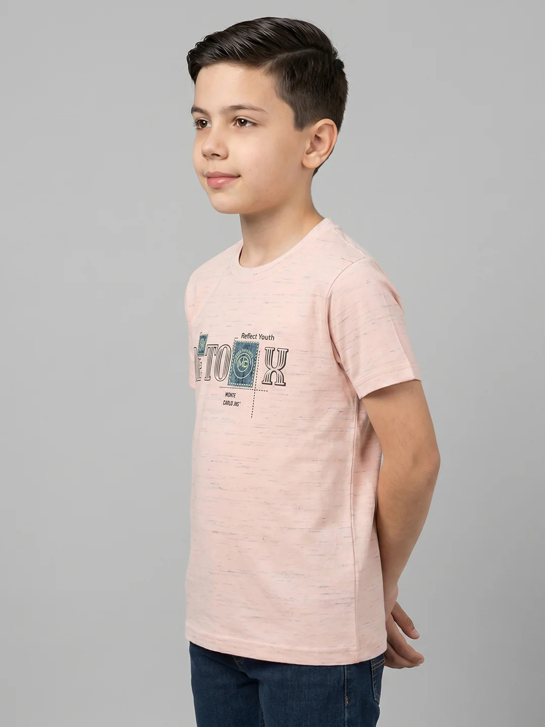 Boys Peach Printed Round Neck Half Sleeve T-Shirt - Image 3