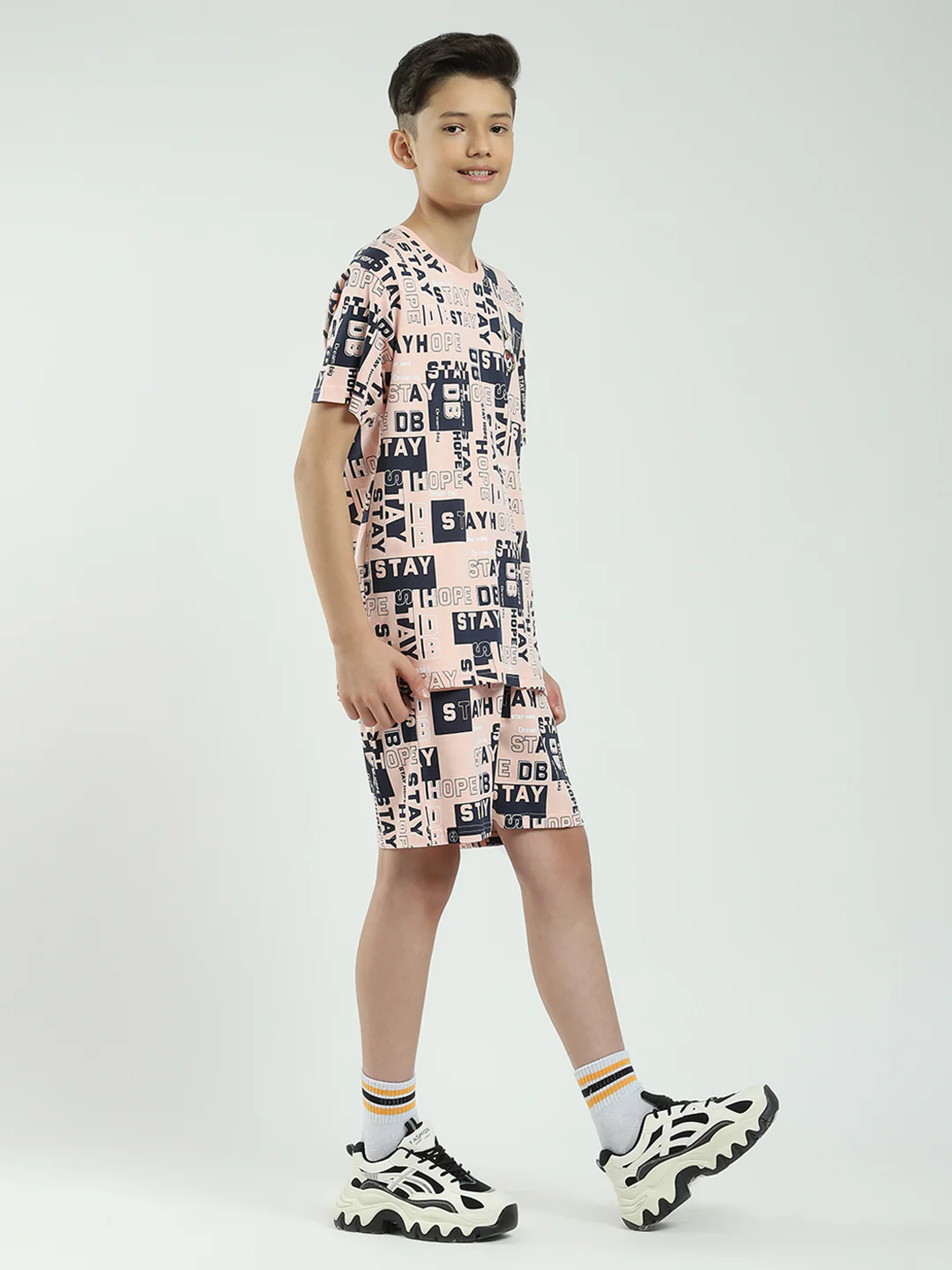 Boys Peach Printed Round Neck Half Sleeve Bermuda Set - Image 4
