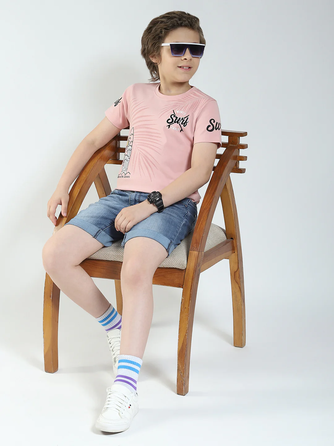 Boys Peach Printed Round Neck Half Sleeve T-Shirt - Image 2