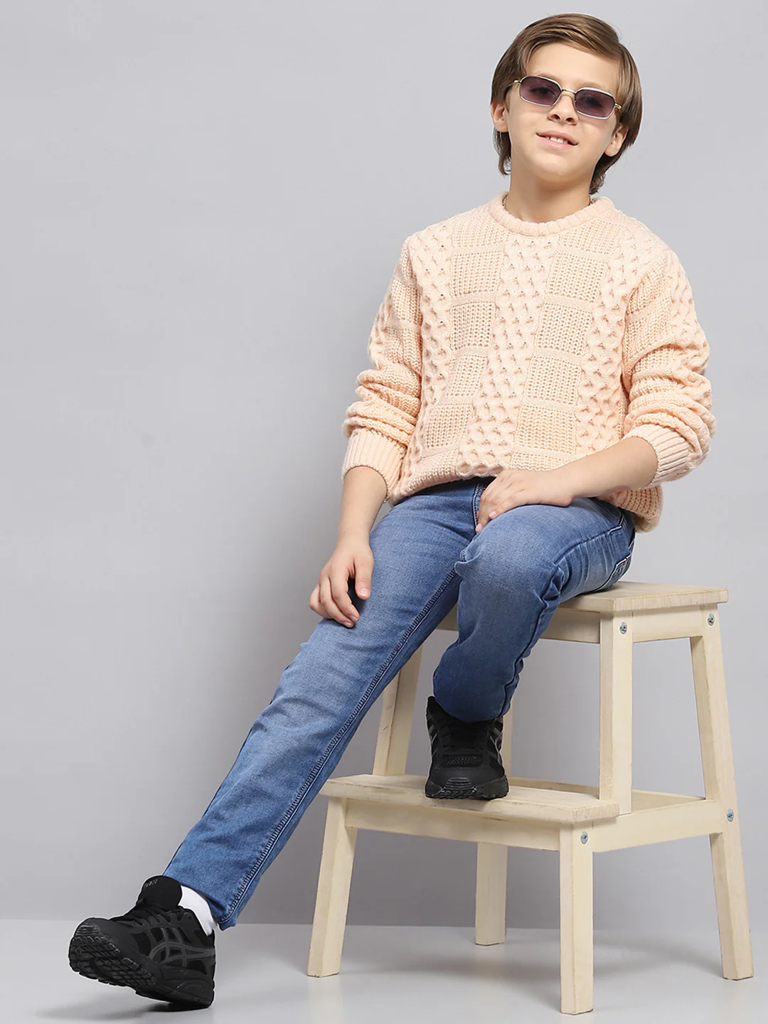 Boys Peach Self Design Round Neck Full Sleeve Pullover - Image 2