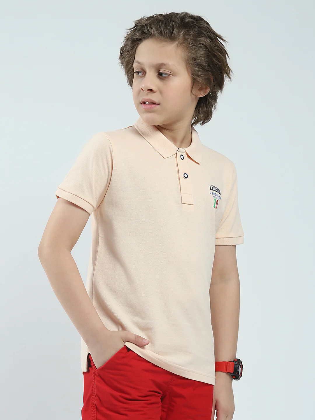 Boys Peach Solid Collar Half Sleeve T-Shirt - Image 4