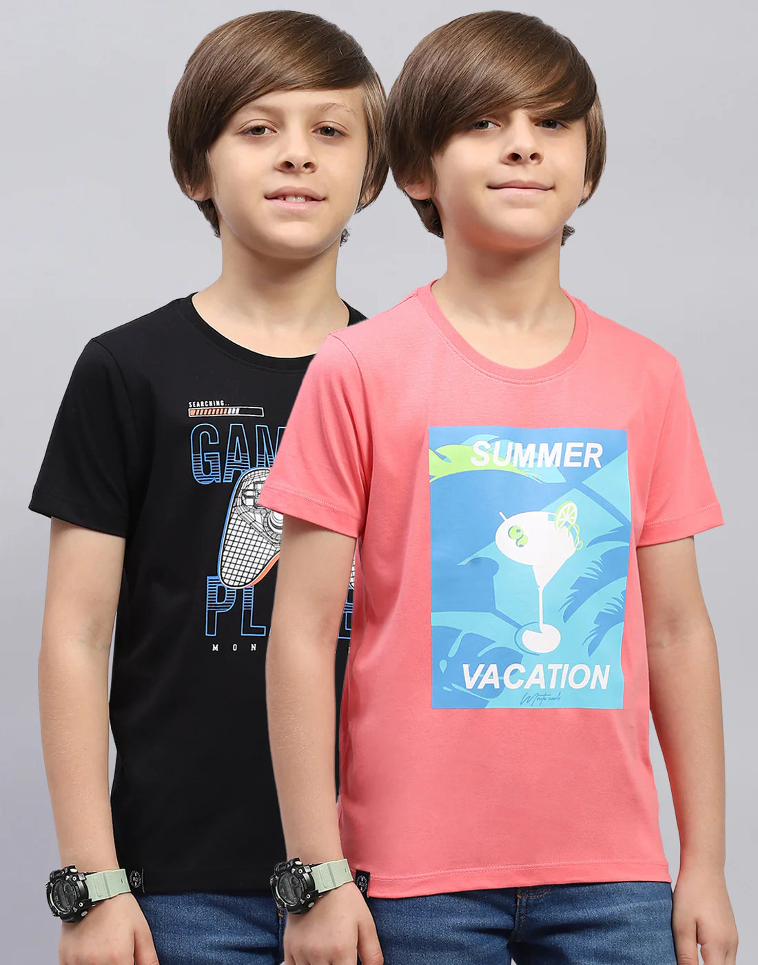 Boys Pink & Black Printed Round Neck Half Sleeve T-Shirt (Pack of 2) - Image 2