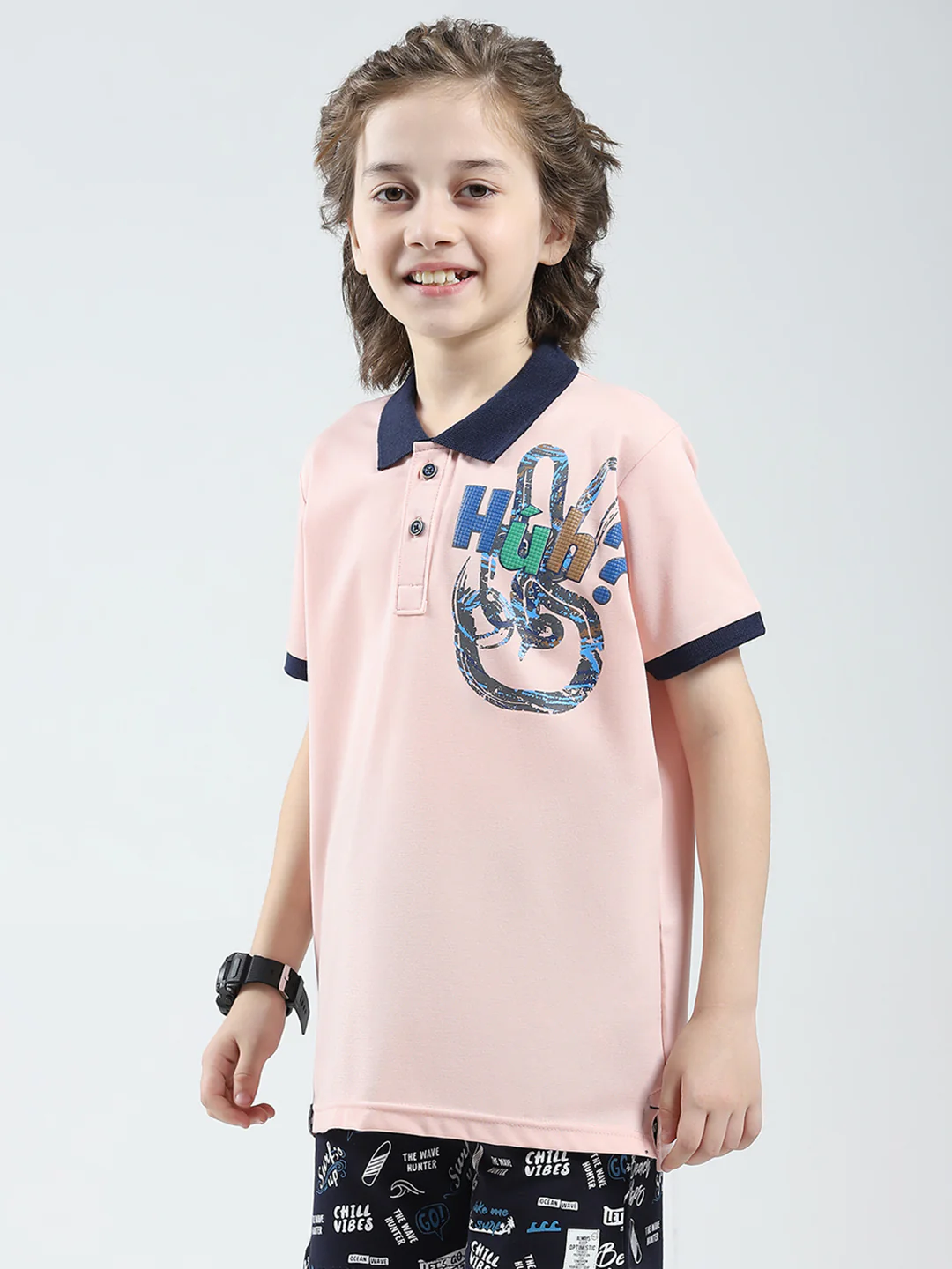 Boys Pink Printed Collar Half Sleeve T-Shirt - Image 3