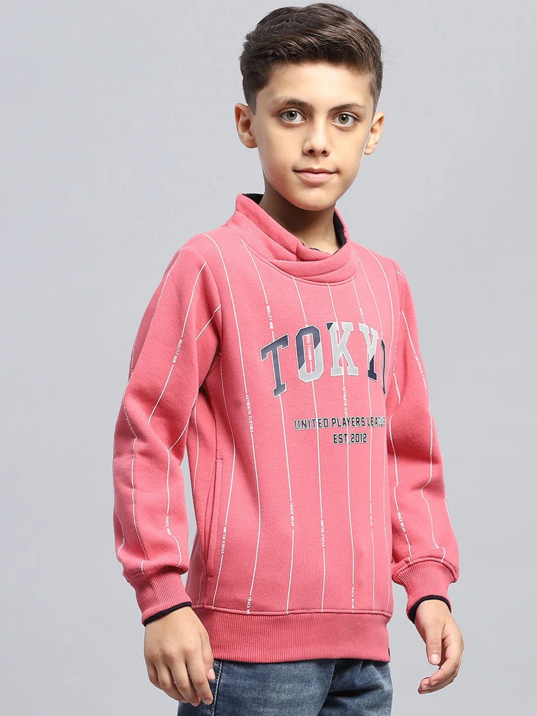 Boys Pink Printed High Neck Full Sleeve Sweatshirt - Image 4