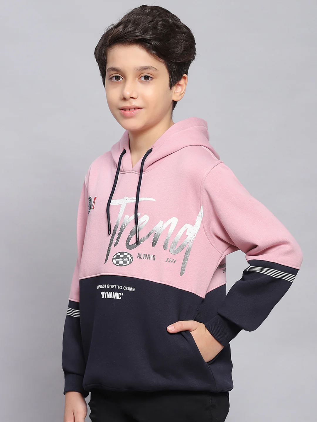 Boys Pink Printed Hooded Full Sleeve Sweatshirt - Image 3