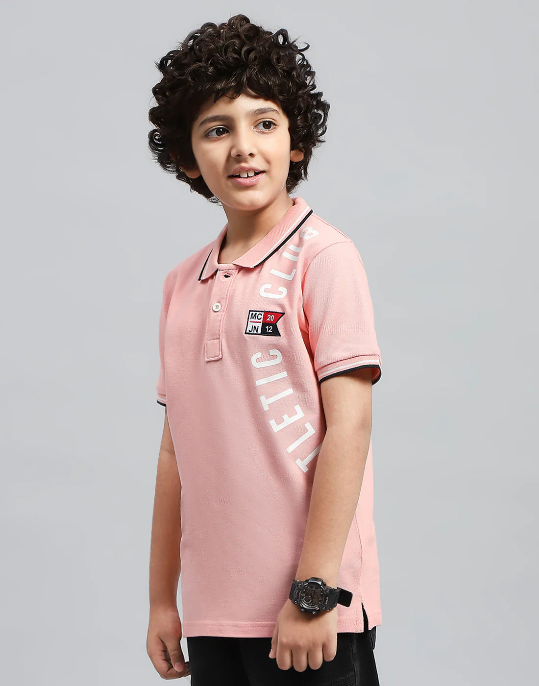Boys Pink Printed Polo Collar Half Sleeve T-Shirt - Image 3