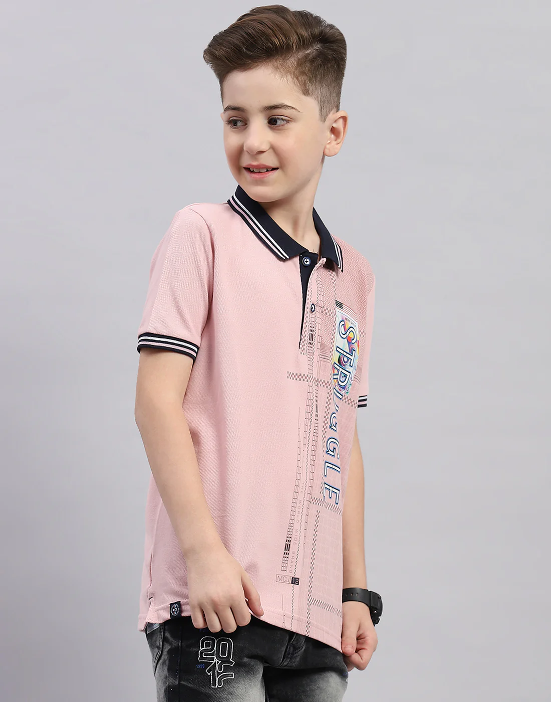 Boys Pink Printed Polo Collar Half Sleeve T-Shirt - Image 4