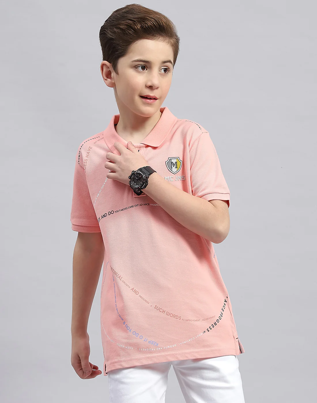 Boys Pink Printed Polo Collar Half Sleeve T-Shirt - Image 2
