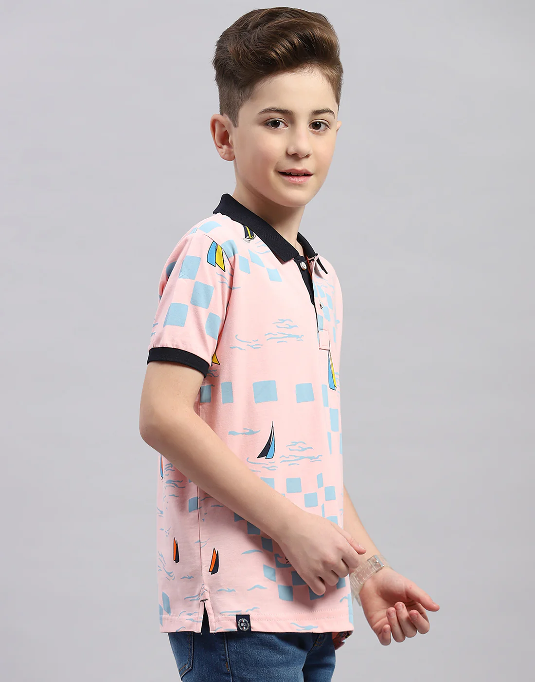 Boys Pink Printed Polo Collar Half Sleeve T-Shirt - Image 4