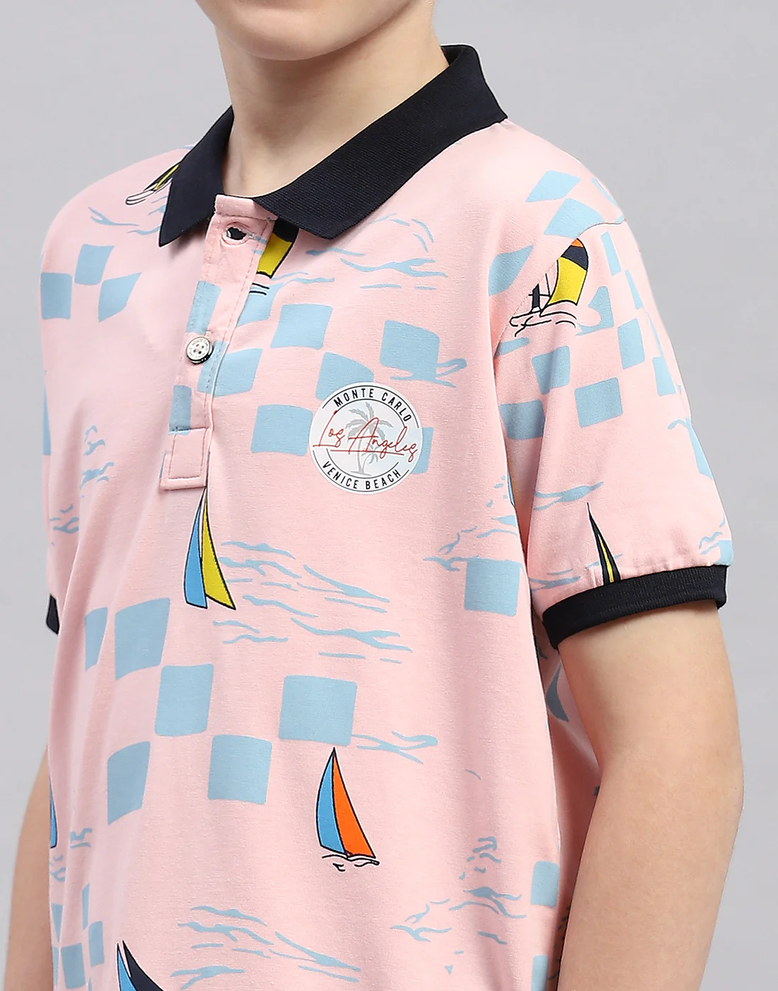Boys Pink Printed Polo Collar Half Sleeve T-Shirt - Image 6