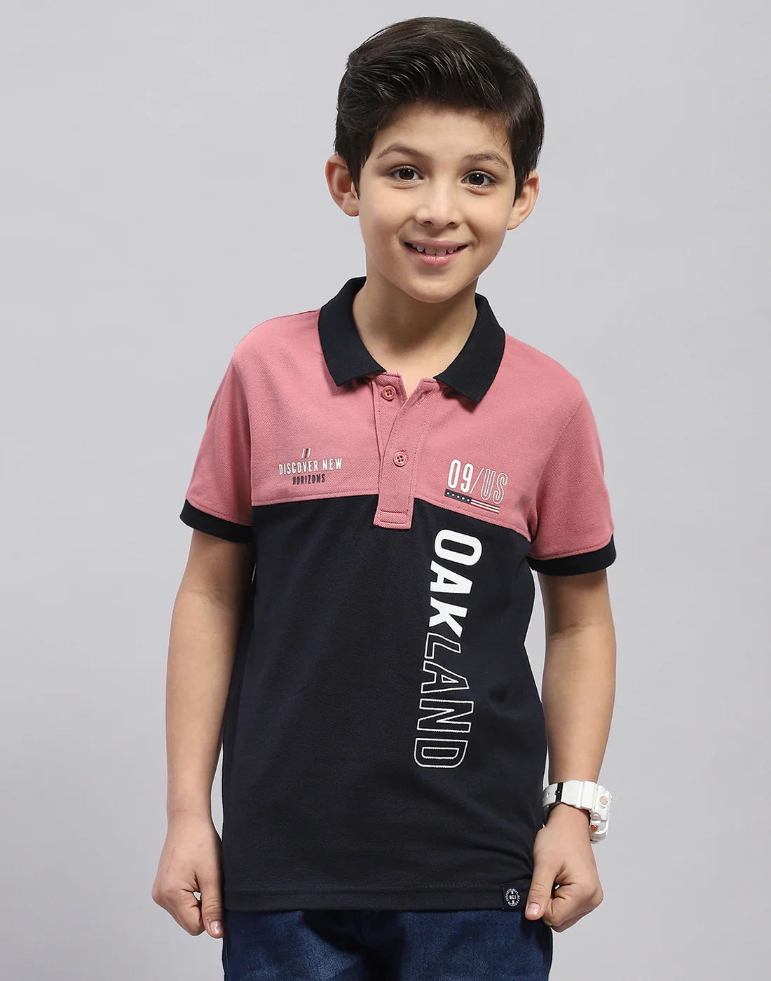 Boys Pink Printed Polo Collar Half Sleeve T-Shirt - Image 2
