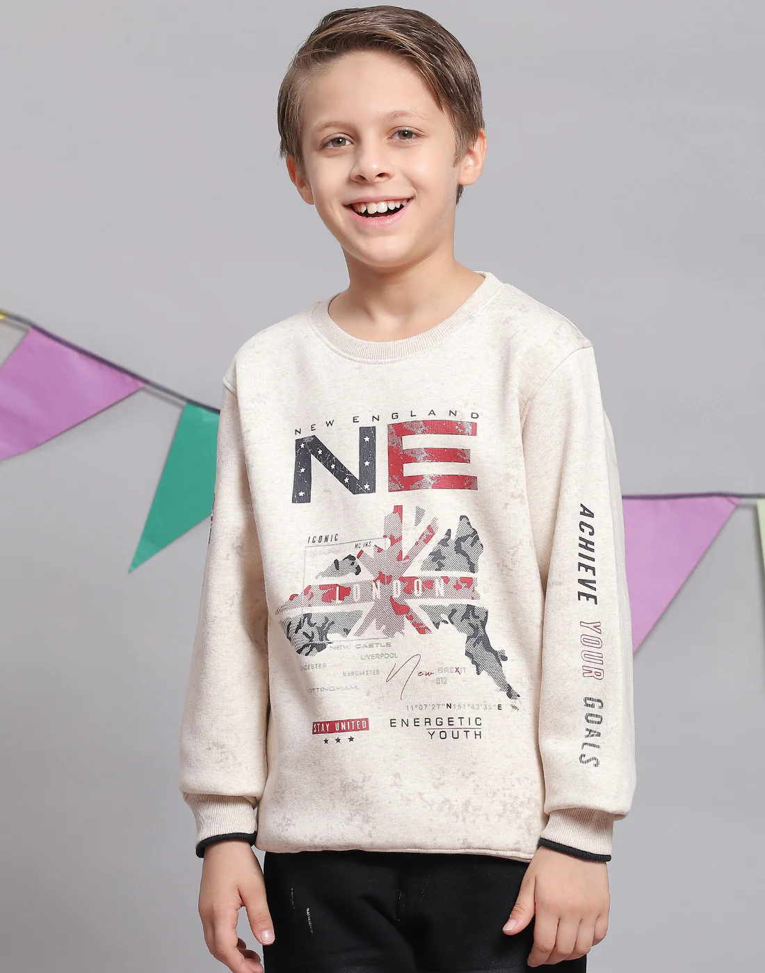 Boys Pink Printed Round Neck Full Sleeve Sweatshirt - Image 2